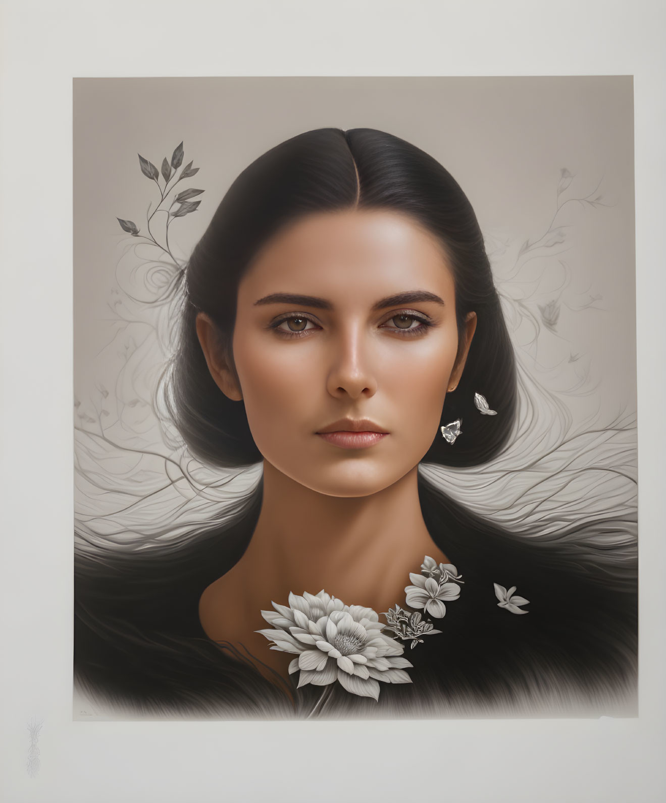 Hyperrealistic portrait of woman with dark hair and floral elements integrated.