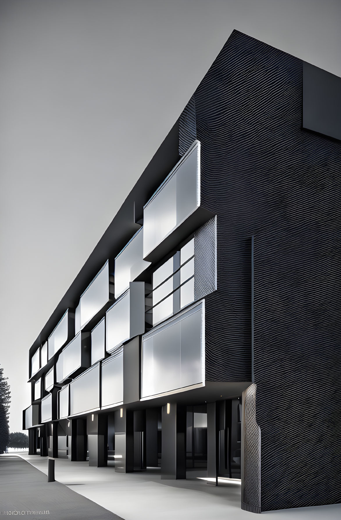 Textured black facade with rectangular white-framed windows on modern building