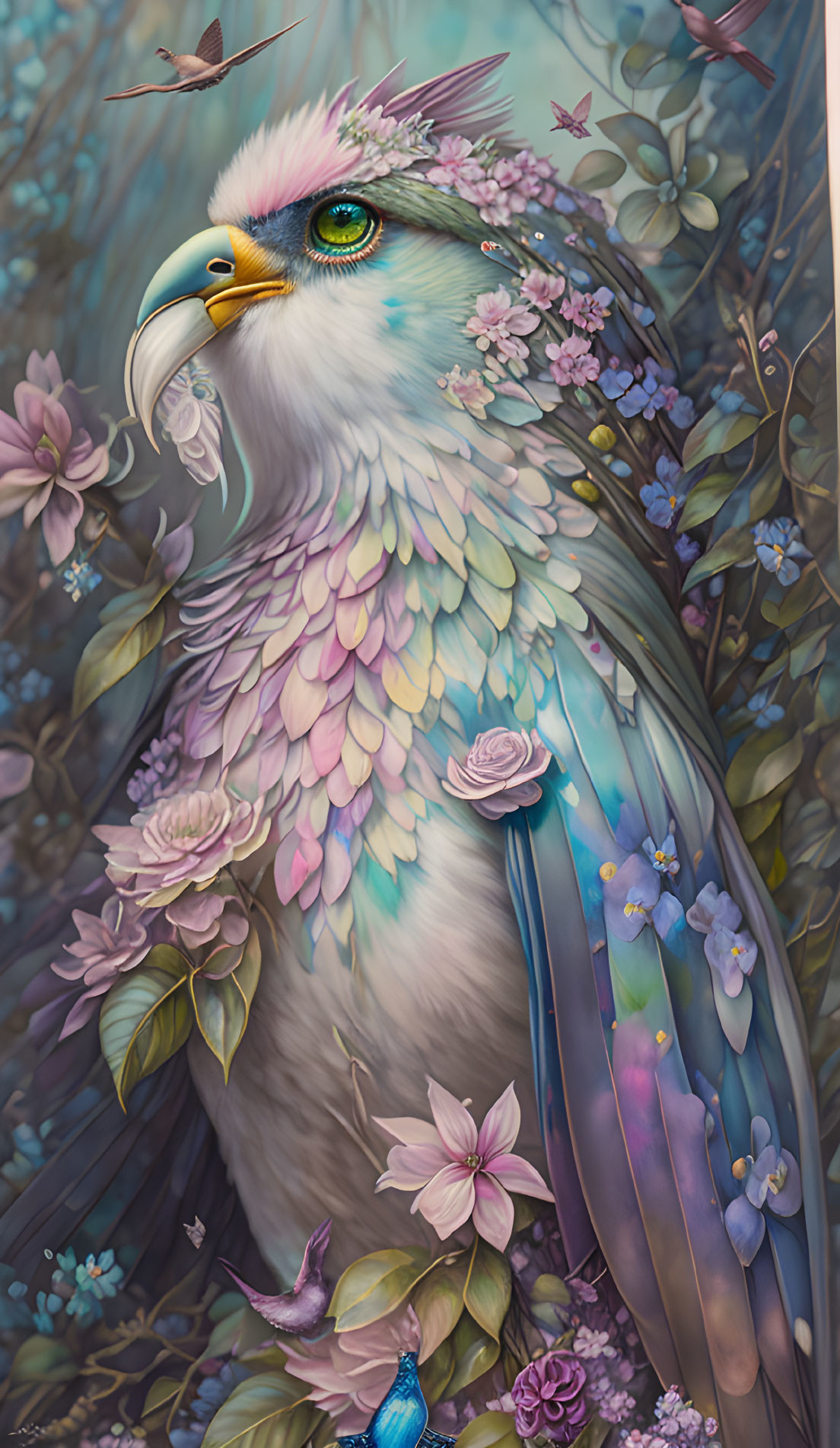 Colorful Stylized Eagle Among Blooming Flowers Illustration