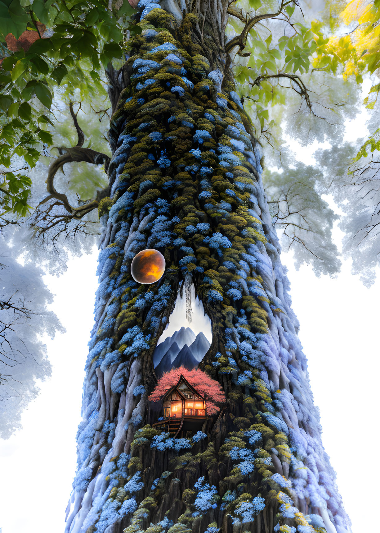 Whimsical tree with blue and green foliage, cozy house, glowing moon in bright forest.