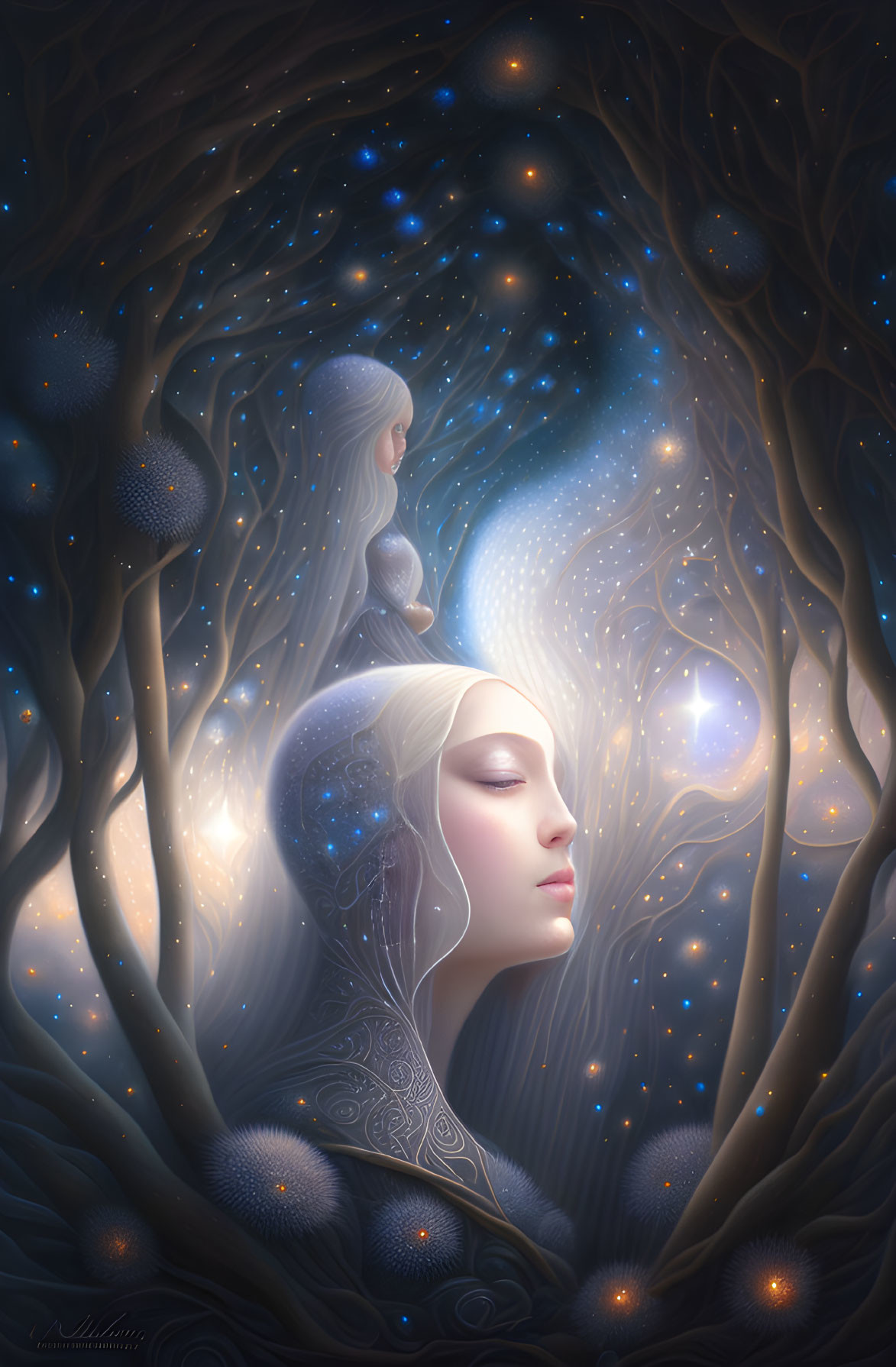 Mystical forest scene with woman and smaller figure in celestial glow