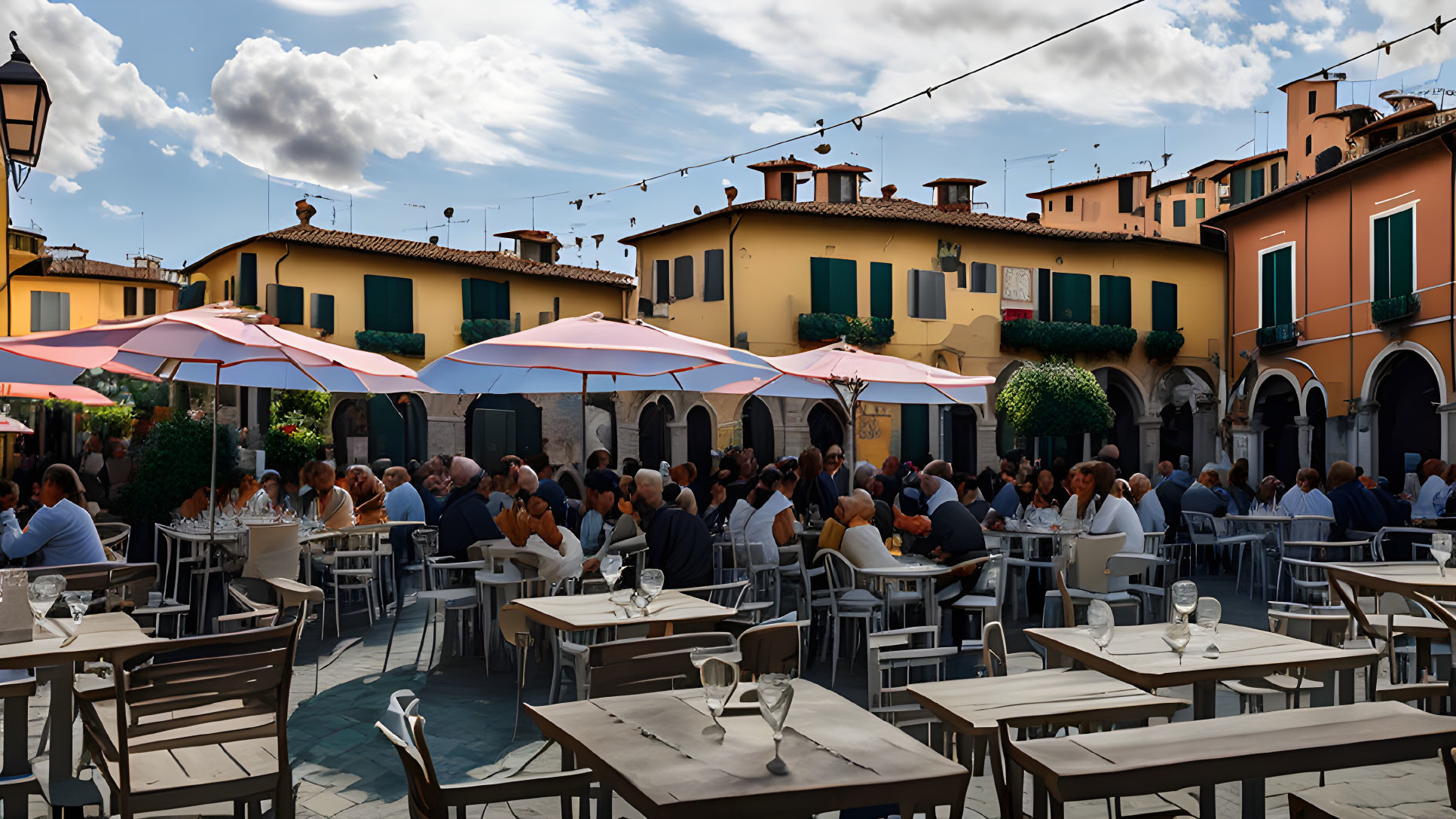 Colorful Umbrellas Shade Outdoor Dining Area in European-style Setting