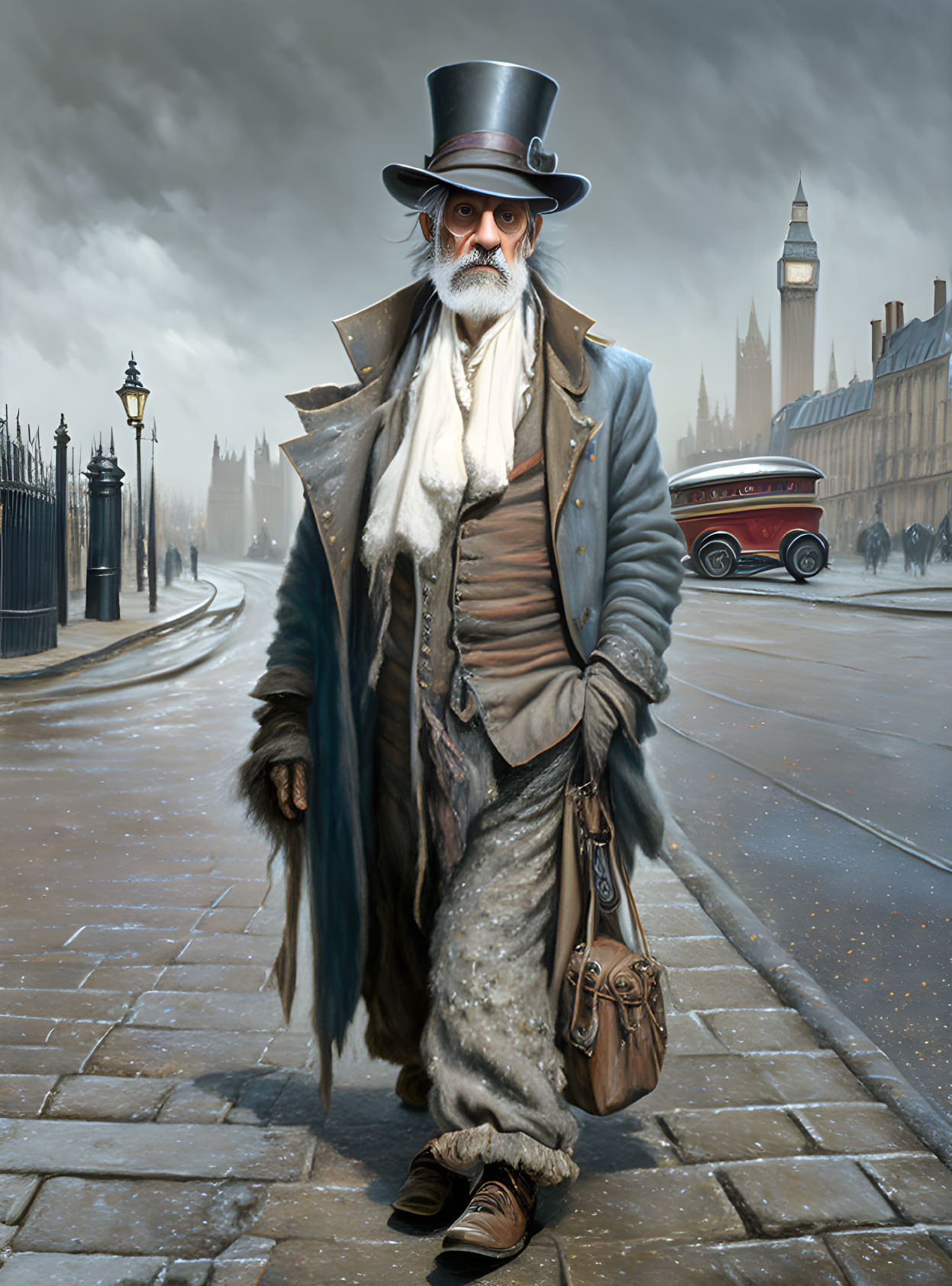 Victorian gentleman in top hat and coat near Big Ben on foggy London street