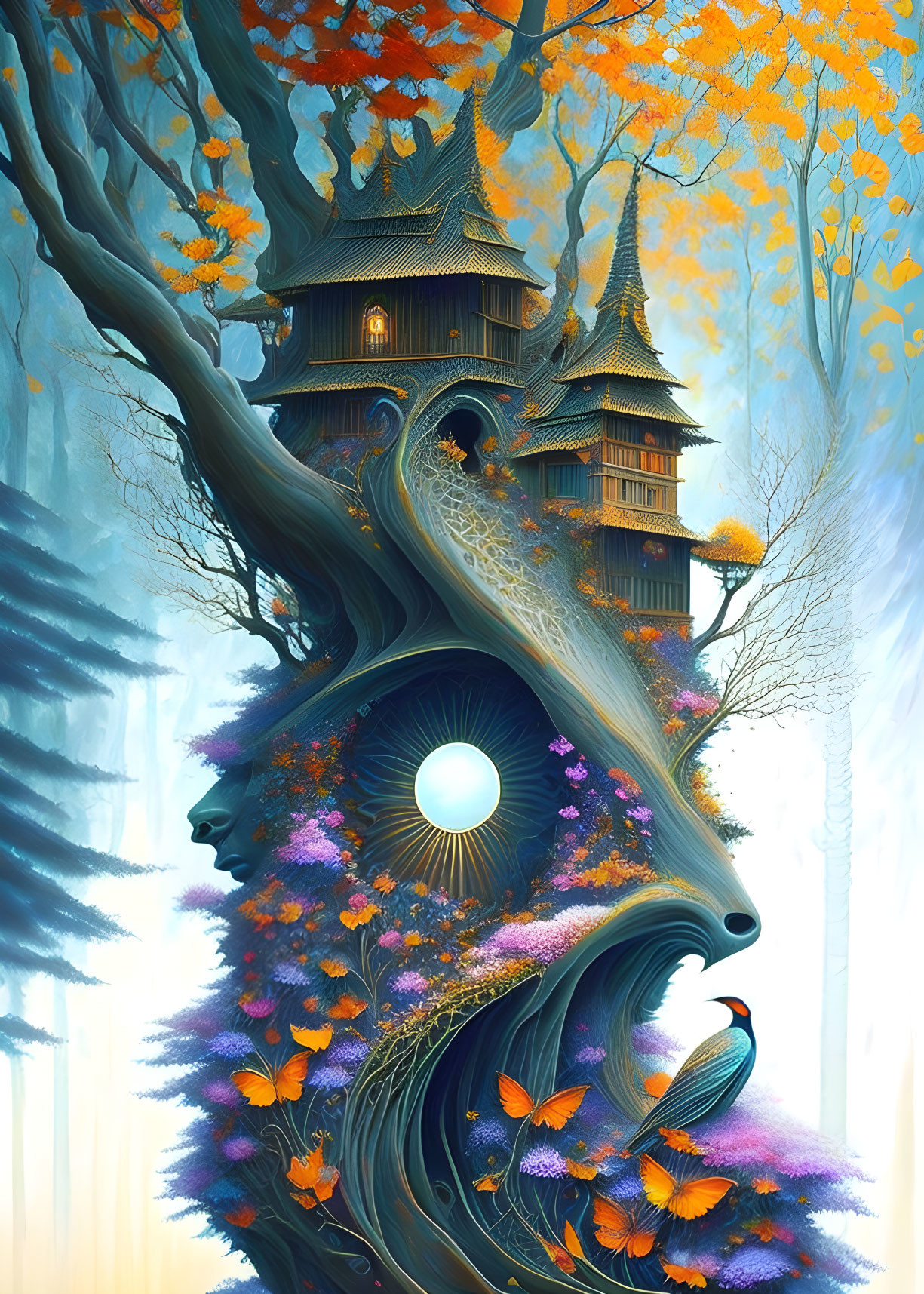 Mystical artwork featuring towering tree with face and Asian pagoda in autumn setting