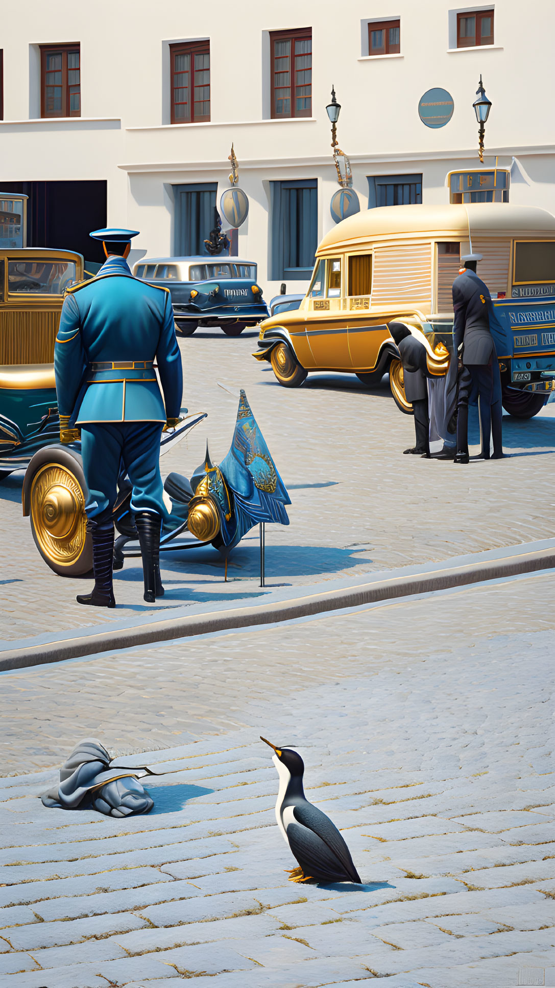 Uniformed Individuals and Penguin on Cobblestone Street with Vintage Cars and Surreal Elements