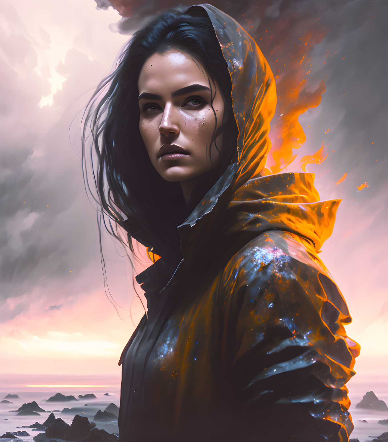 Digital artwork: Woman in fiery cloak with dark hair against dramatic sunset sky