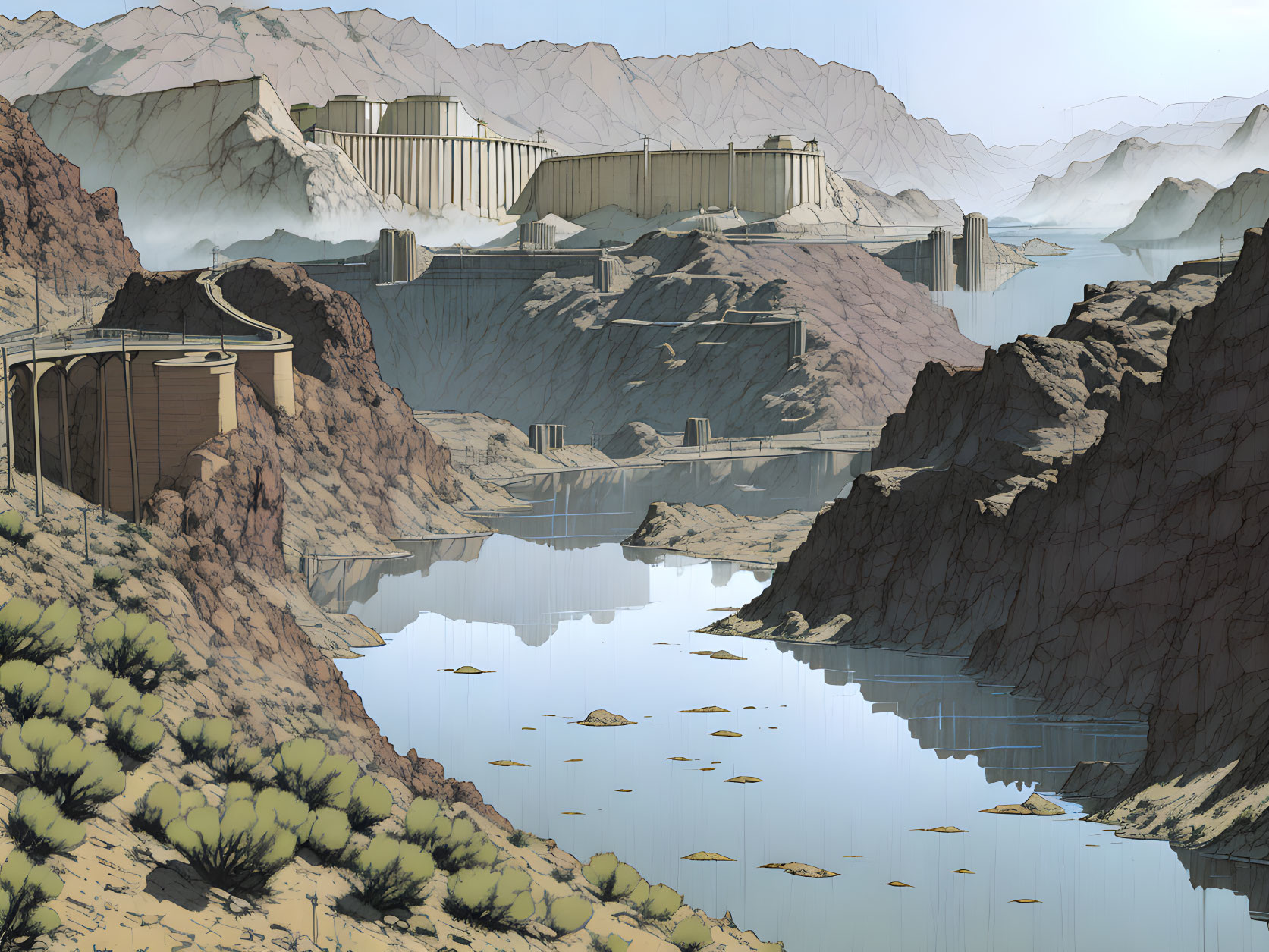 Scenic landscape featuring multi-level dam in canyon with clear sky