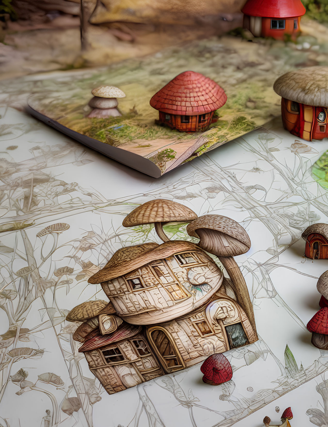 Intricate Fairytale Popup Book with Mushroom Houses and Forest Setting