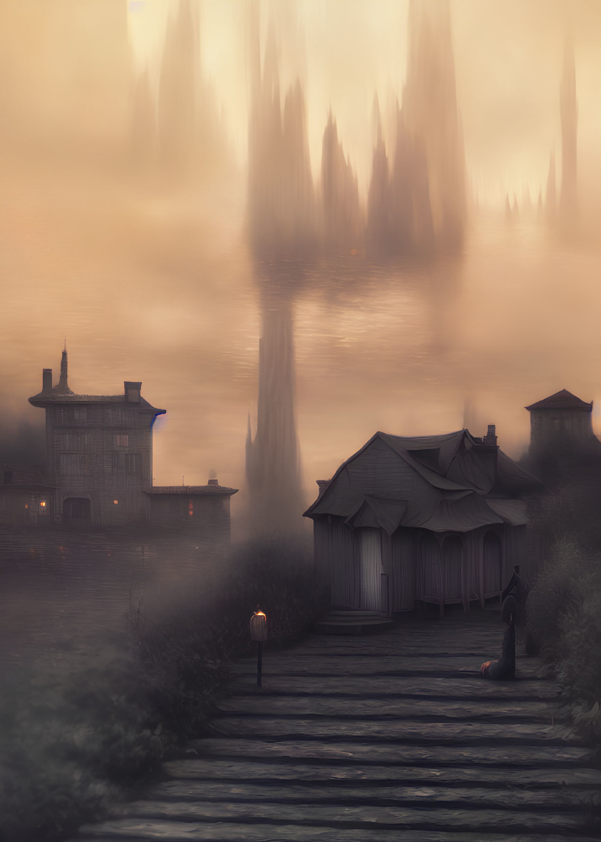 Misty Asian landscape with lone figure and traditional architecture