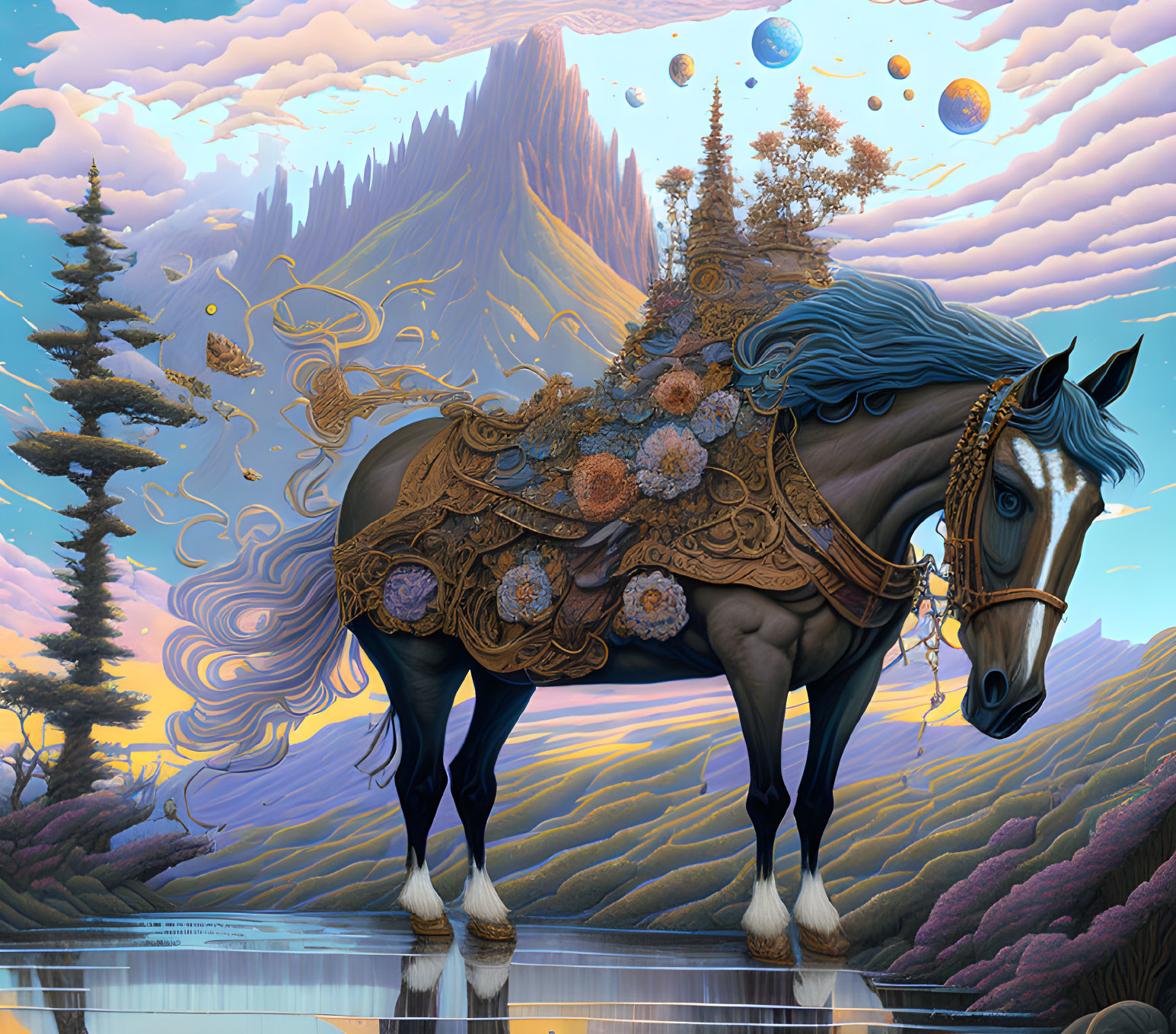 Decoratively Tacked Horse in Fantastical Landscape