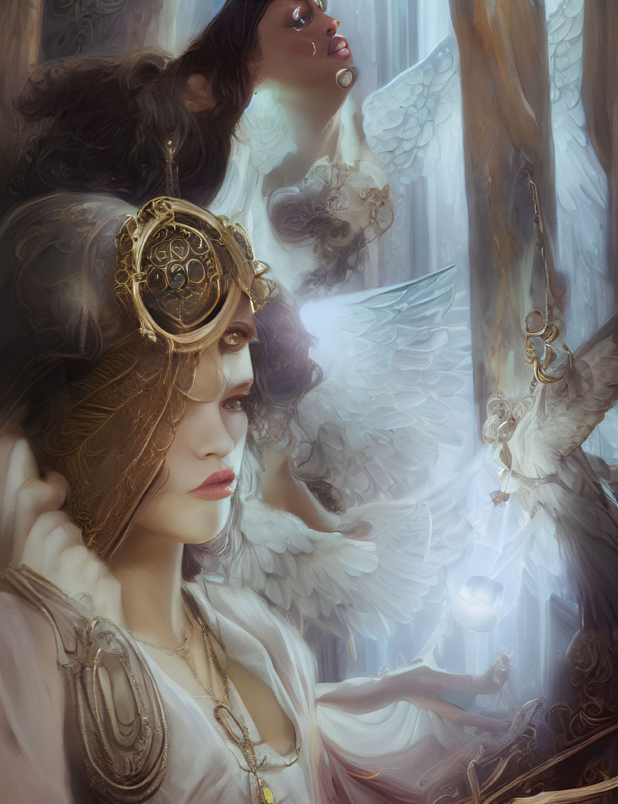 Mystical artwork of pensive woman with ornate headpiece and ethereal beings