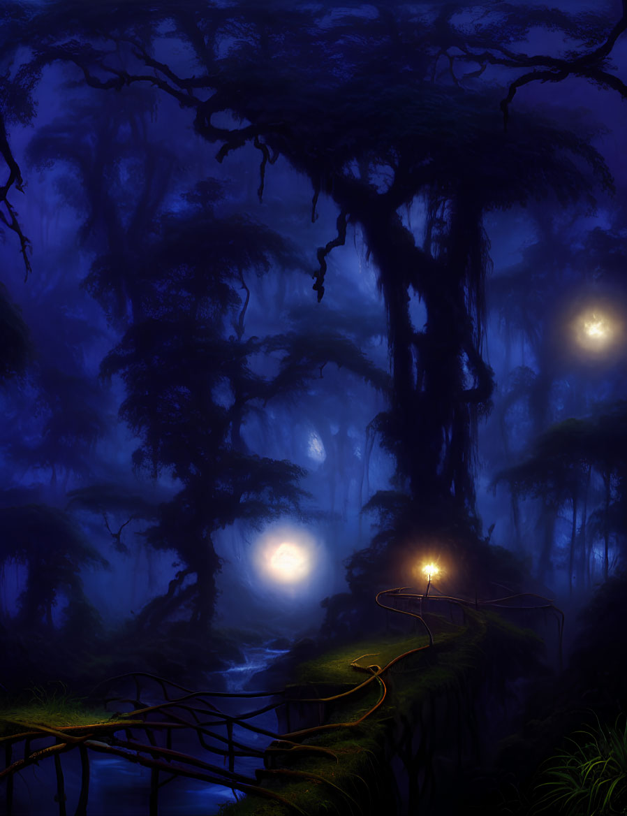 Enchanting night forest with winding path, overgrown trees, and glowing orbs