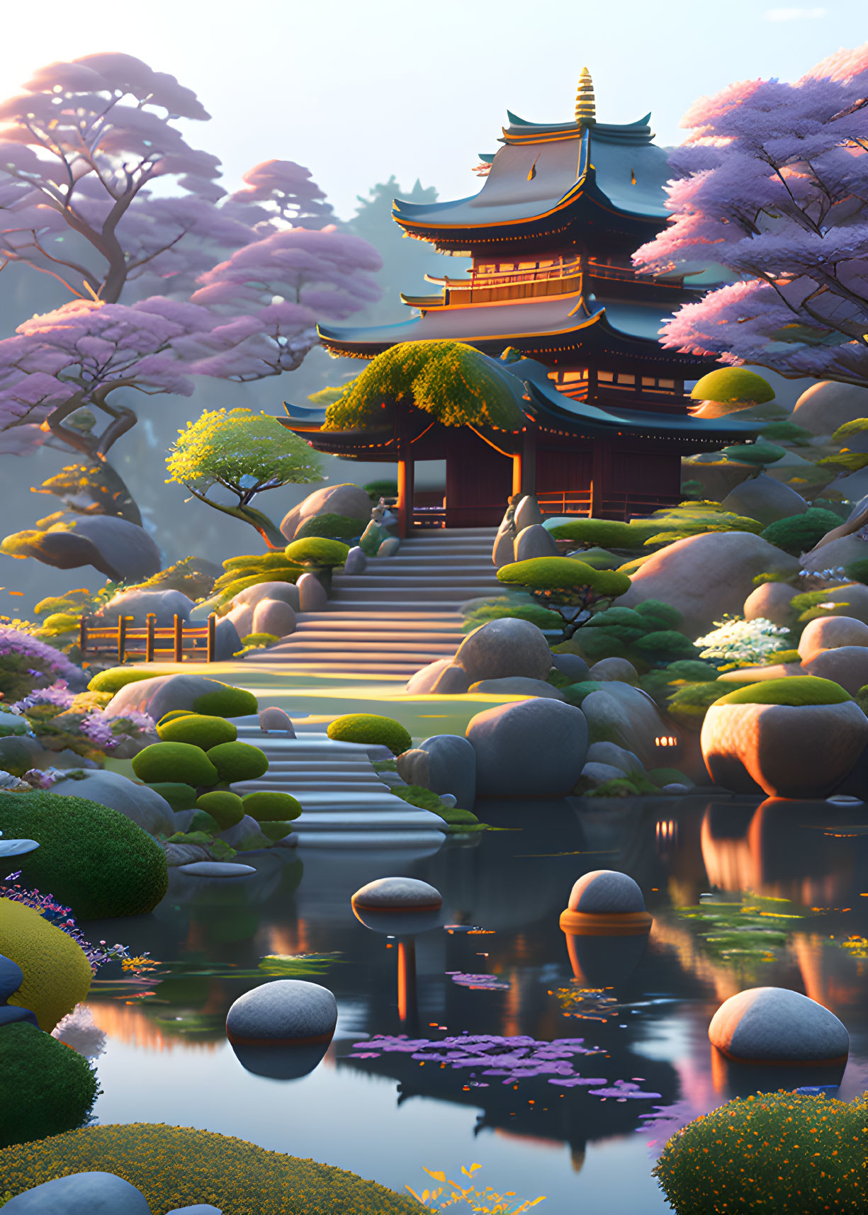 Tranquil Japanese garden with pagoda, cherry blossoms, pond, rocks.