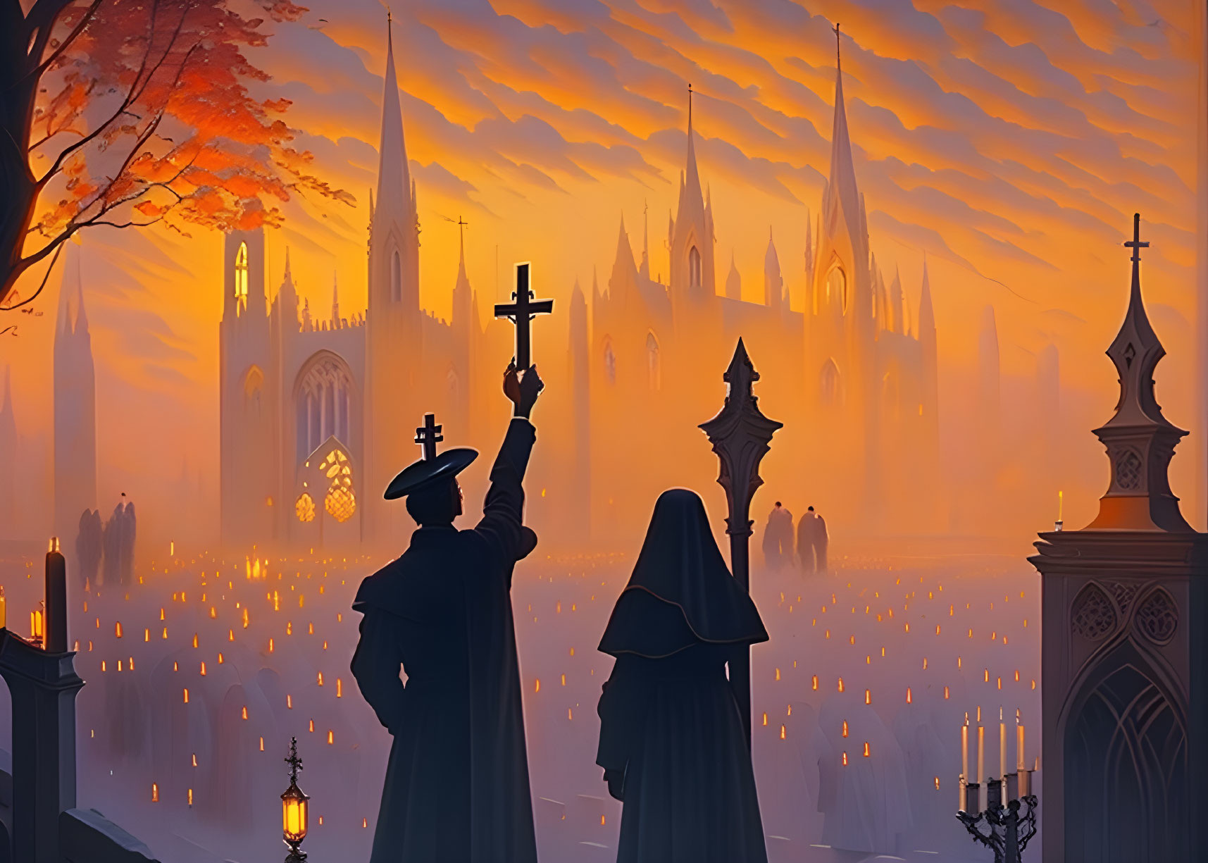 Silhouetted priest and nun in twilight cemetery with glowing crosses and grand gothic cathedral backdrop.