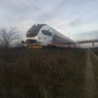 Elderly person by railroad tracks as freight train passes at twilight