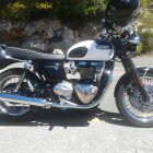 Vintage Black Motorcycle with Floral Patterns and Marigold Flowers Parked by Stone Wall