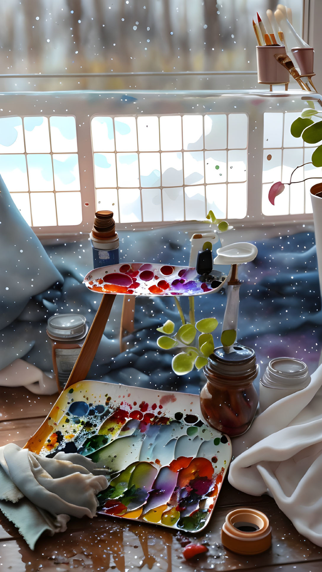 Indoor painting setup with snowy landscape view, color palette, brushes, and artist's cloth