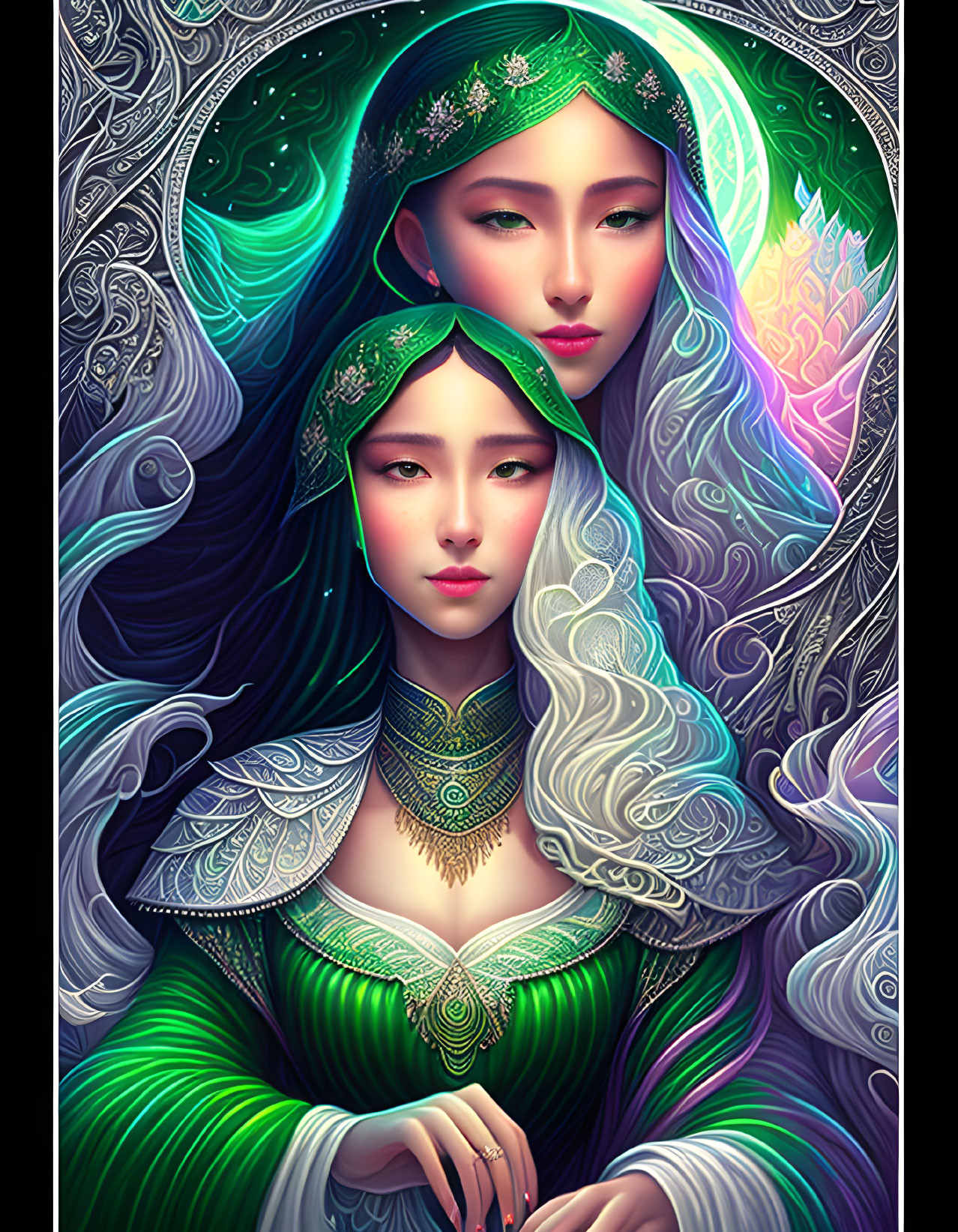 Ethereal women in green attire with silver patterns and mystical object