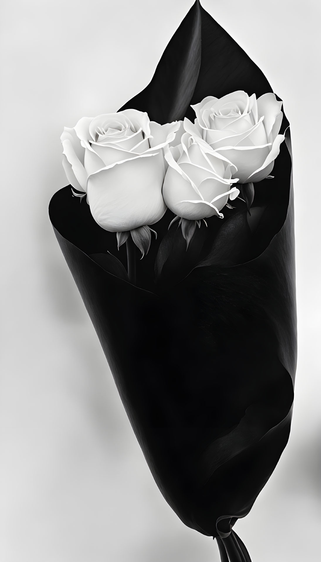 Grayscale bouquet with three white roses in dark paper