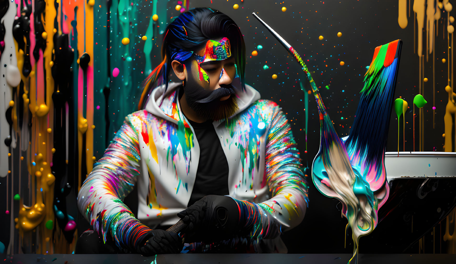 Colorfully dressed person with painted beard playing piano amid dynamic paint splashes