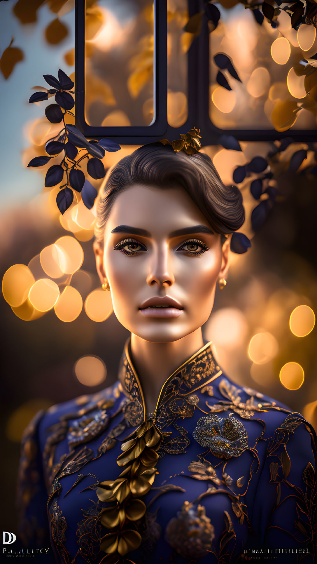 Woman in ornate blue and gold outfit against golden-lit background with leaves