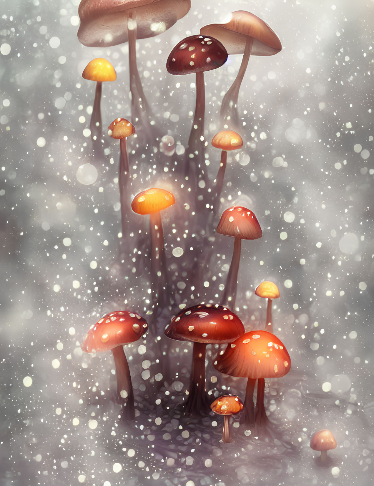 Glowing mushrooms in snowy landscape with warm light