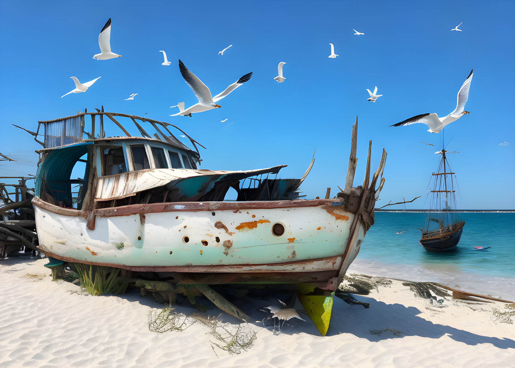 Rusty boat on sandy beach with seagulls under clear blue sky