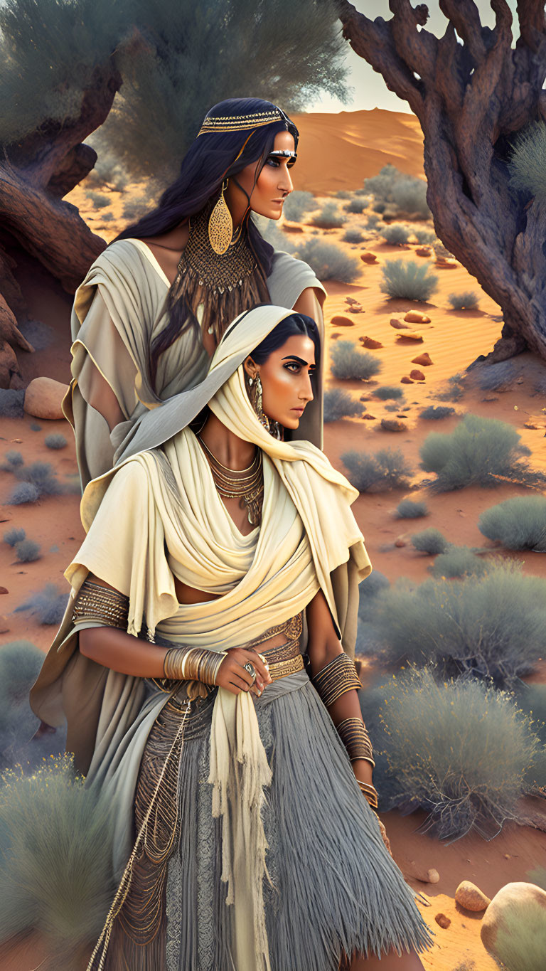 Two people in traditional desert attire with gold jewelry in sandy landscape.