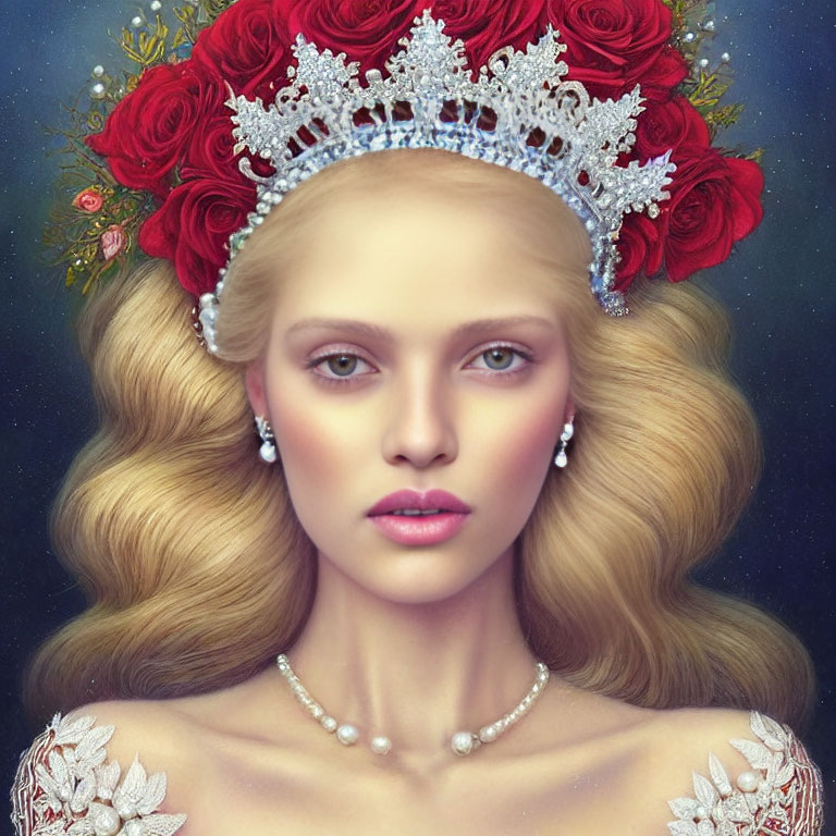 Blond woman with crown, roses, pearl necklace, and floral embroidery