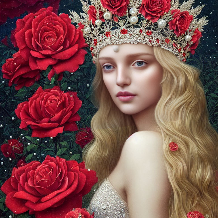 Blonde woman with rose crown surrounded by red roses and stars