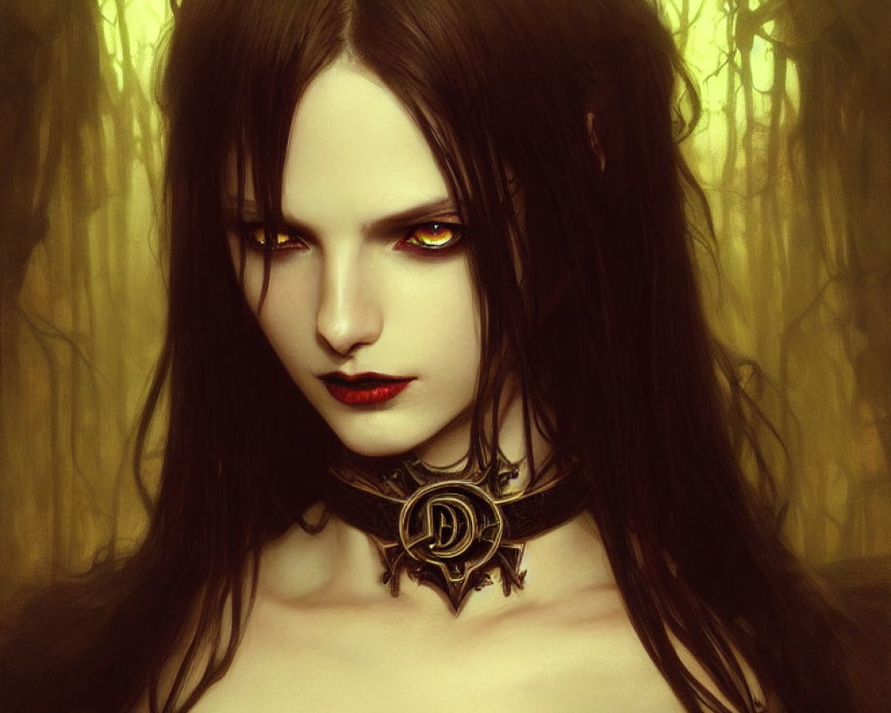 Portrait of woman with yellow eyes, dark hair, red lips, gothic choker in mystical forest