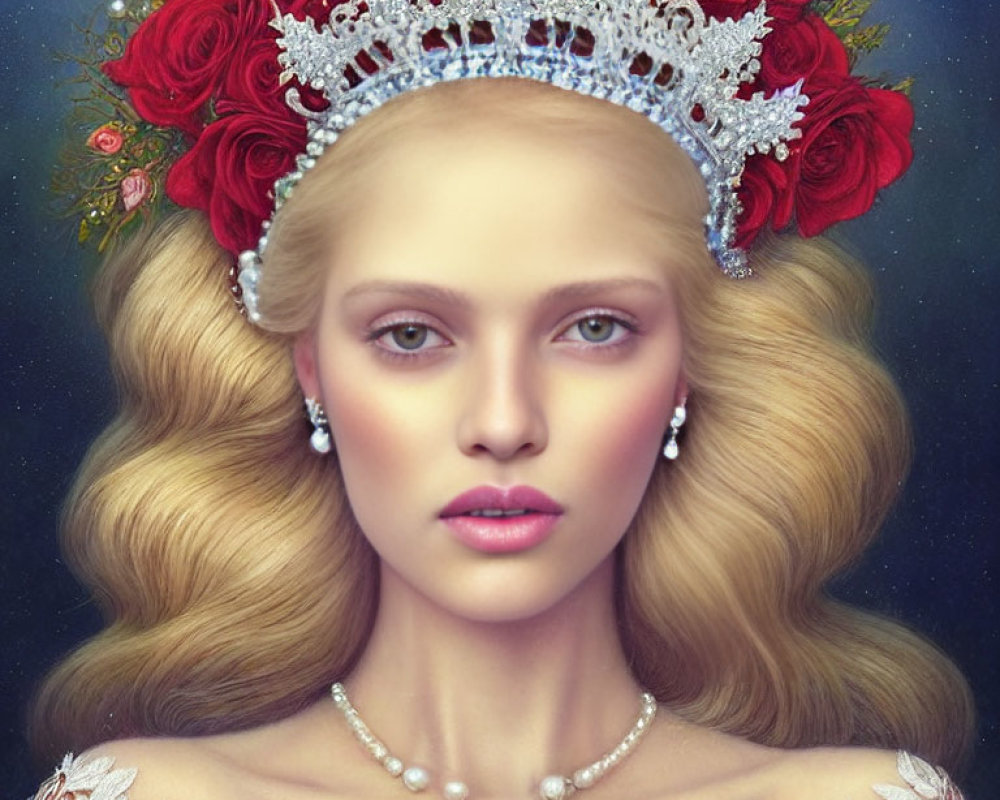 Blond woman with crown, roses, pearl necklace, and floral embroidery