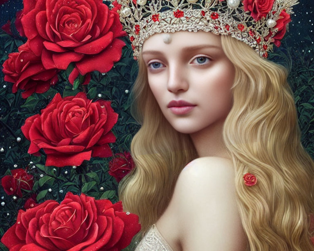 Blonde woman with rose crown surrounded by red roses and stars