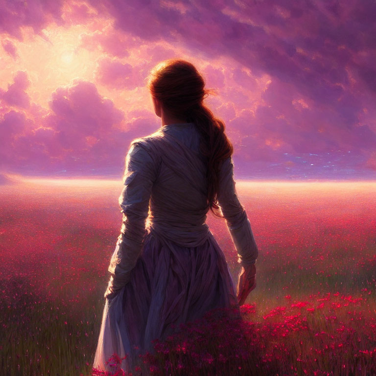 Woman in Blue Dress Standing in Field of Red Flowers at Sunset