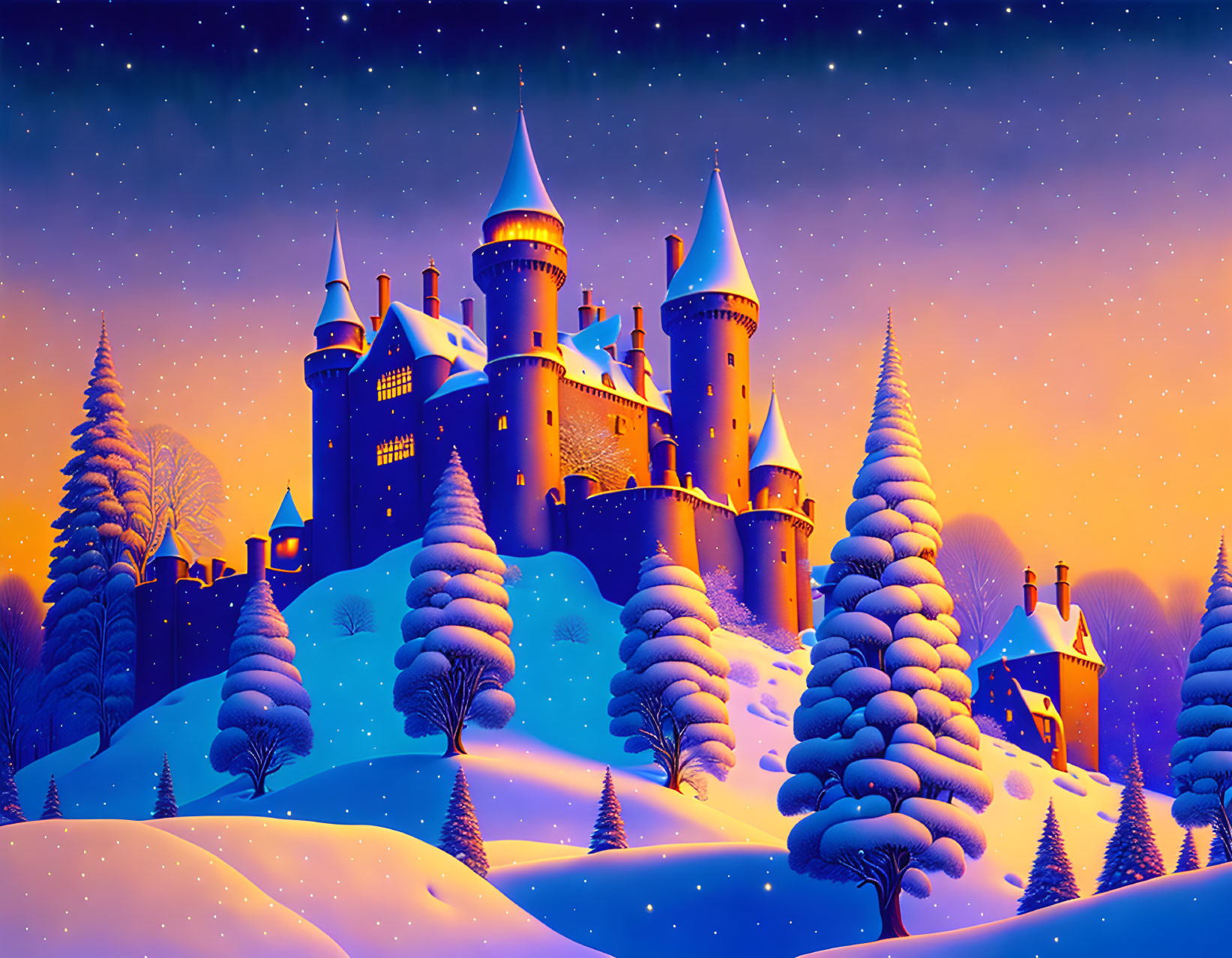 Majestic castle in enchanting winter twilight