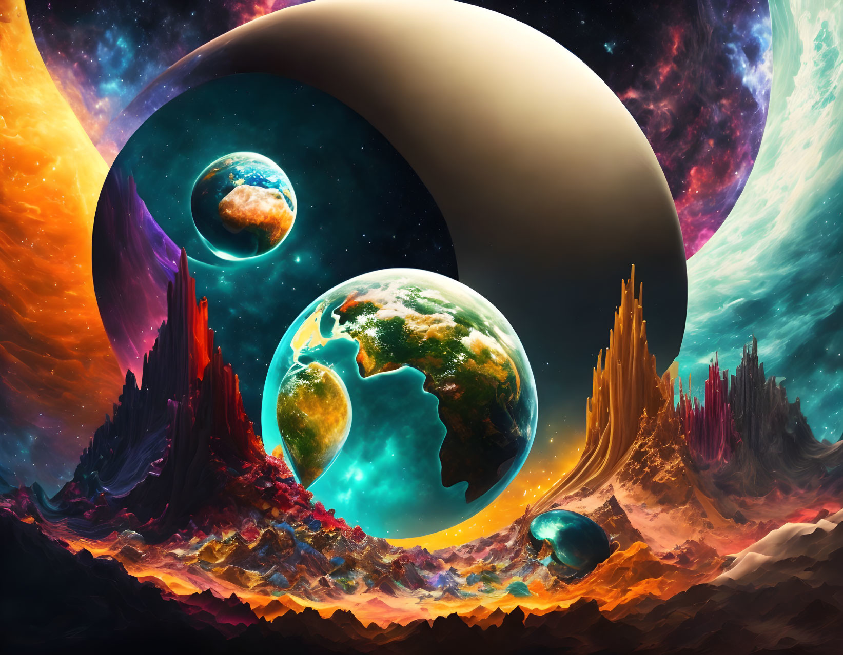 Colorful cosmic landscape with ringed planet and celestial bodies