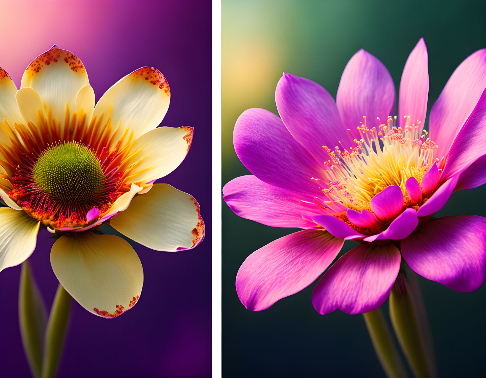 Colorful Flowers with Prominent Stamens on Vibrant Backgrounds