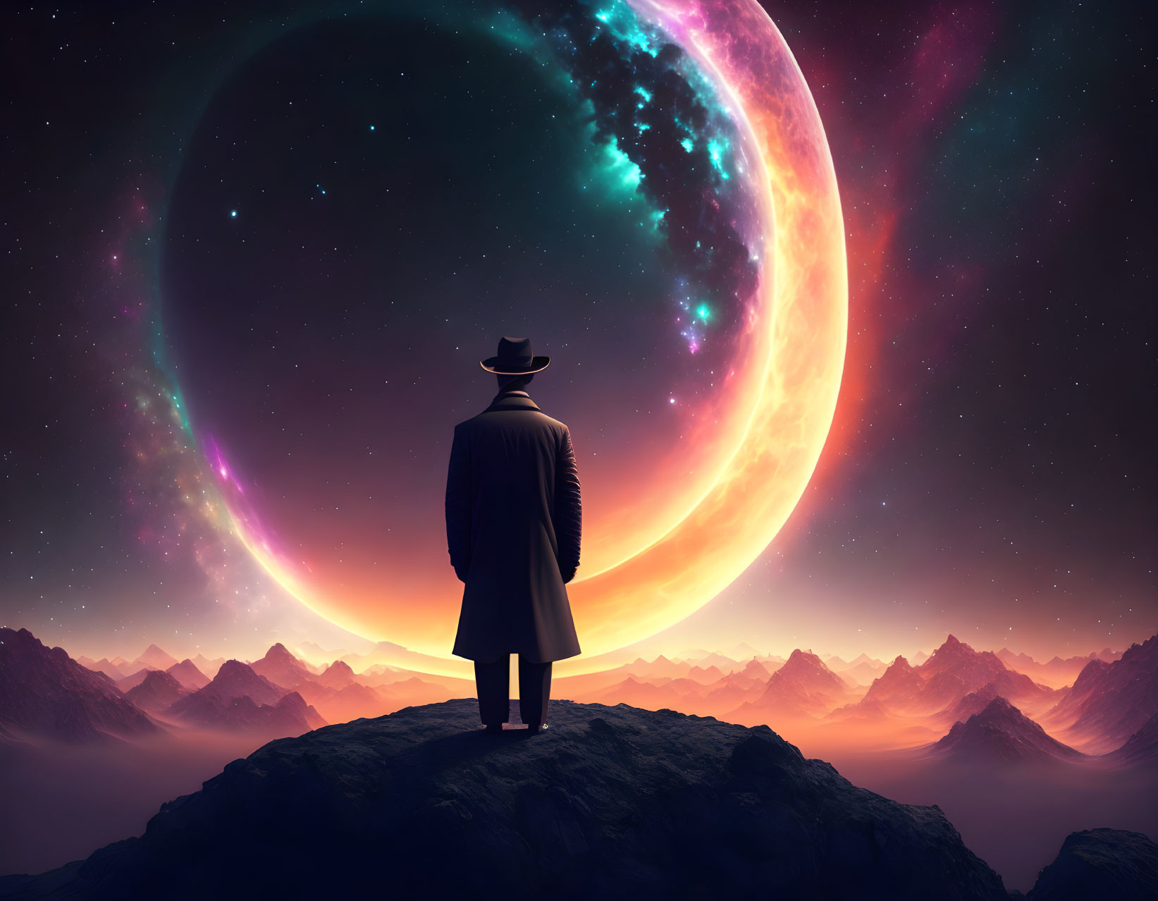 Person in coat and hat on mountain peak with surreal colorful planet in background