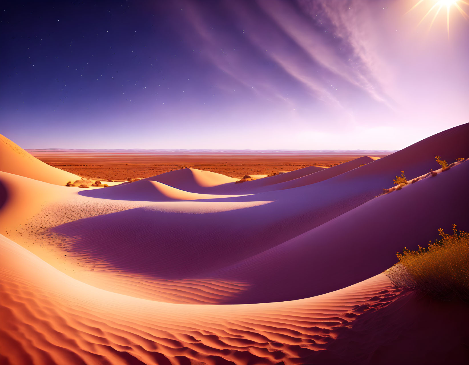 Desert sand dunes at sunset under clear starry sky