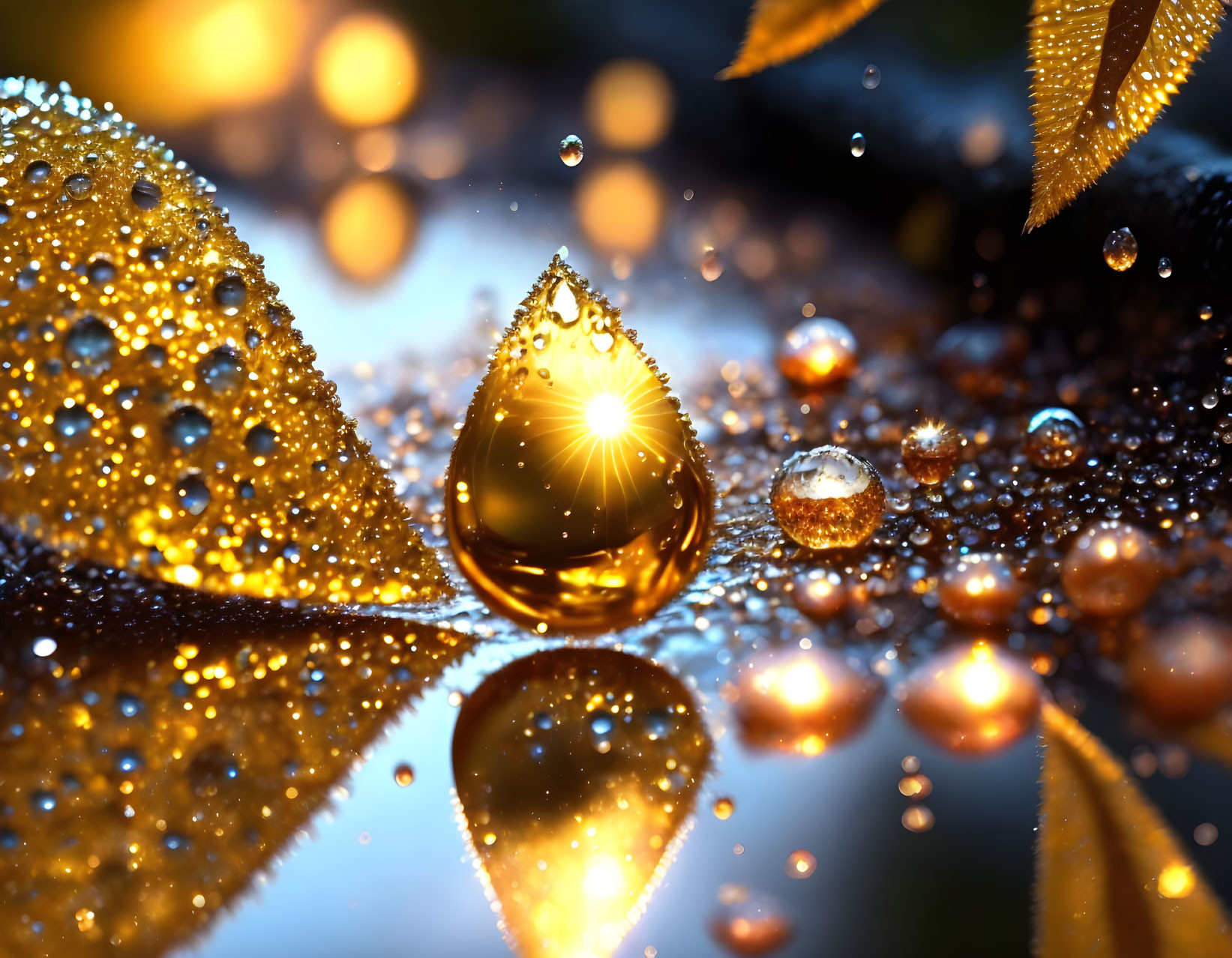 Macro Photography: Golden Water Droplets with Bokeh Effect