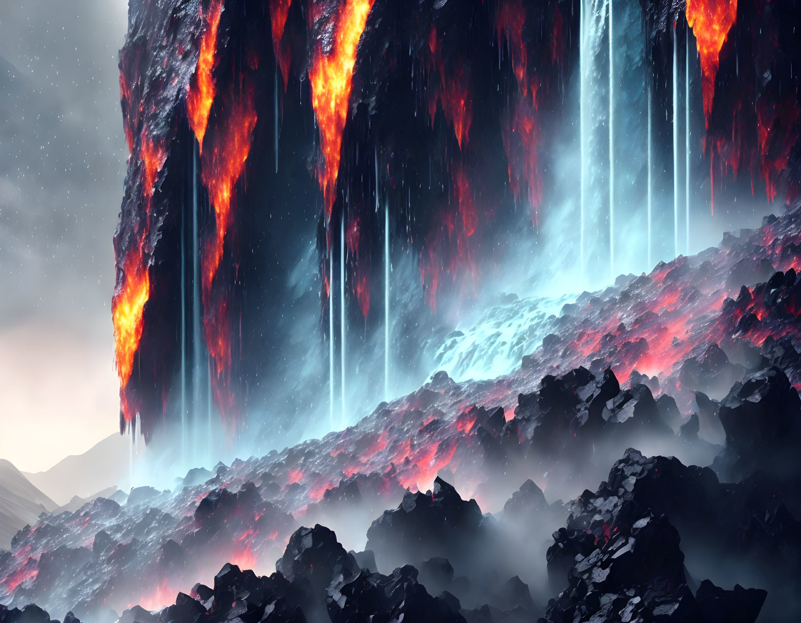 Dramatic landscape with lava flows, waterfalls, mist, and rugged terrain