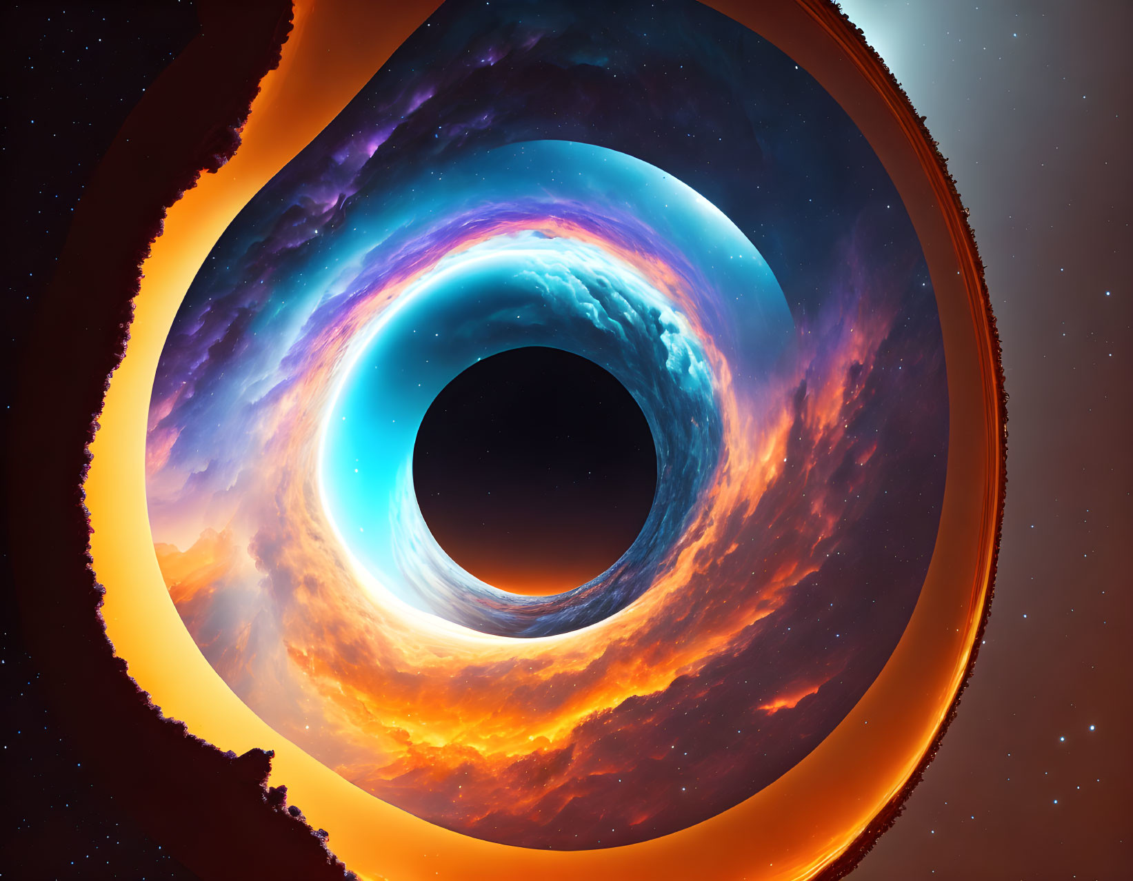 Surreal swirling vortex with vibrant colors and celestial clouds against starry backdrop.