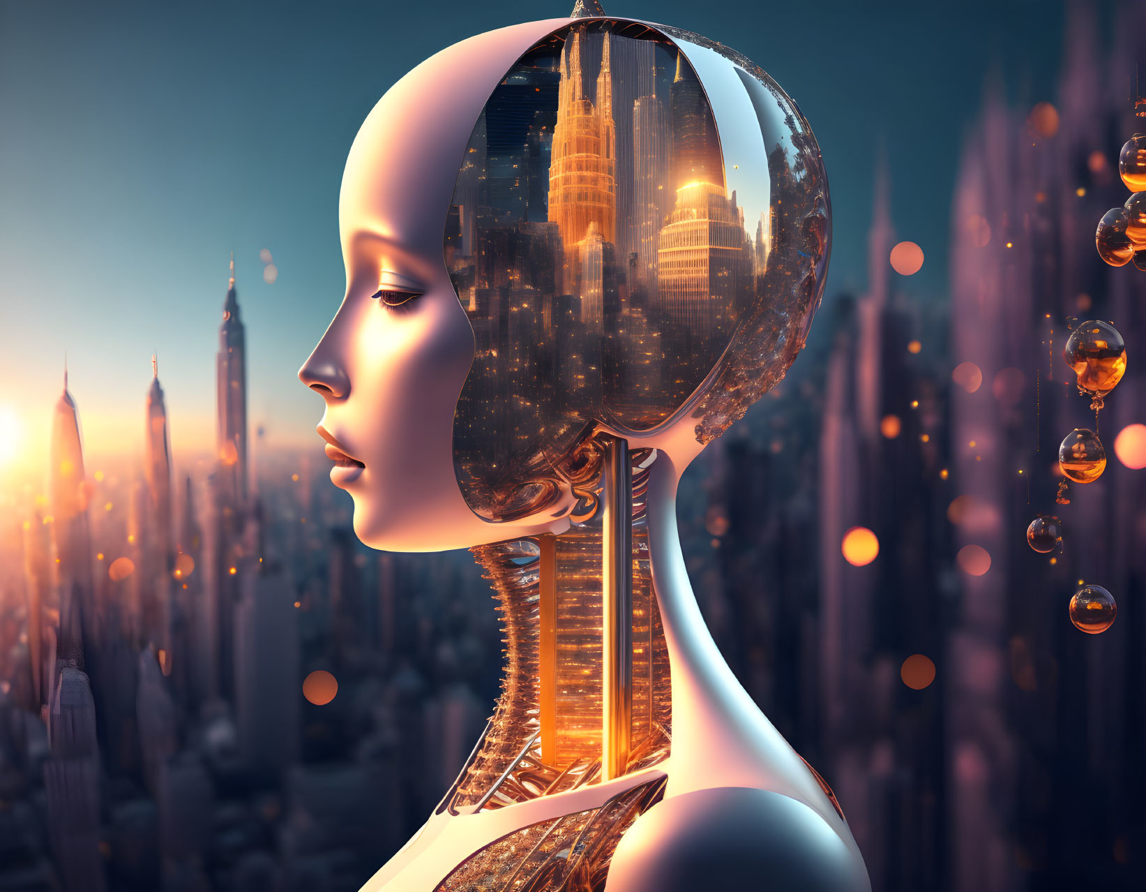 Transparent futuristic robotic head with cityscape view against evening sky