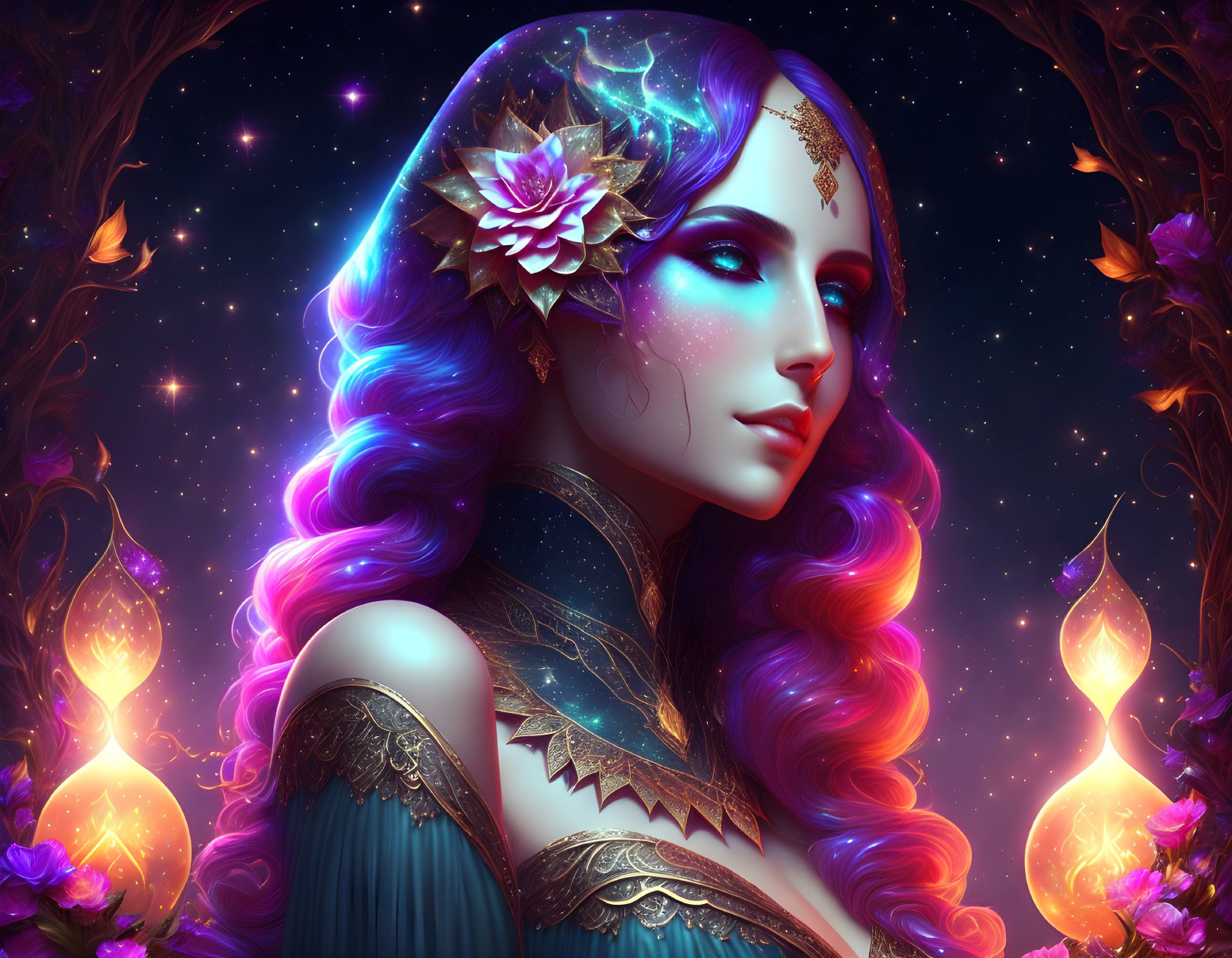 Purple-haired mystical female figure with cosmic tattoos, flower headdress, lanterns, and celestial motifs.