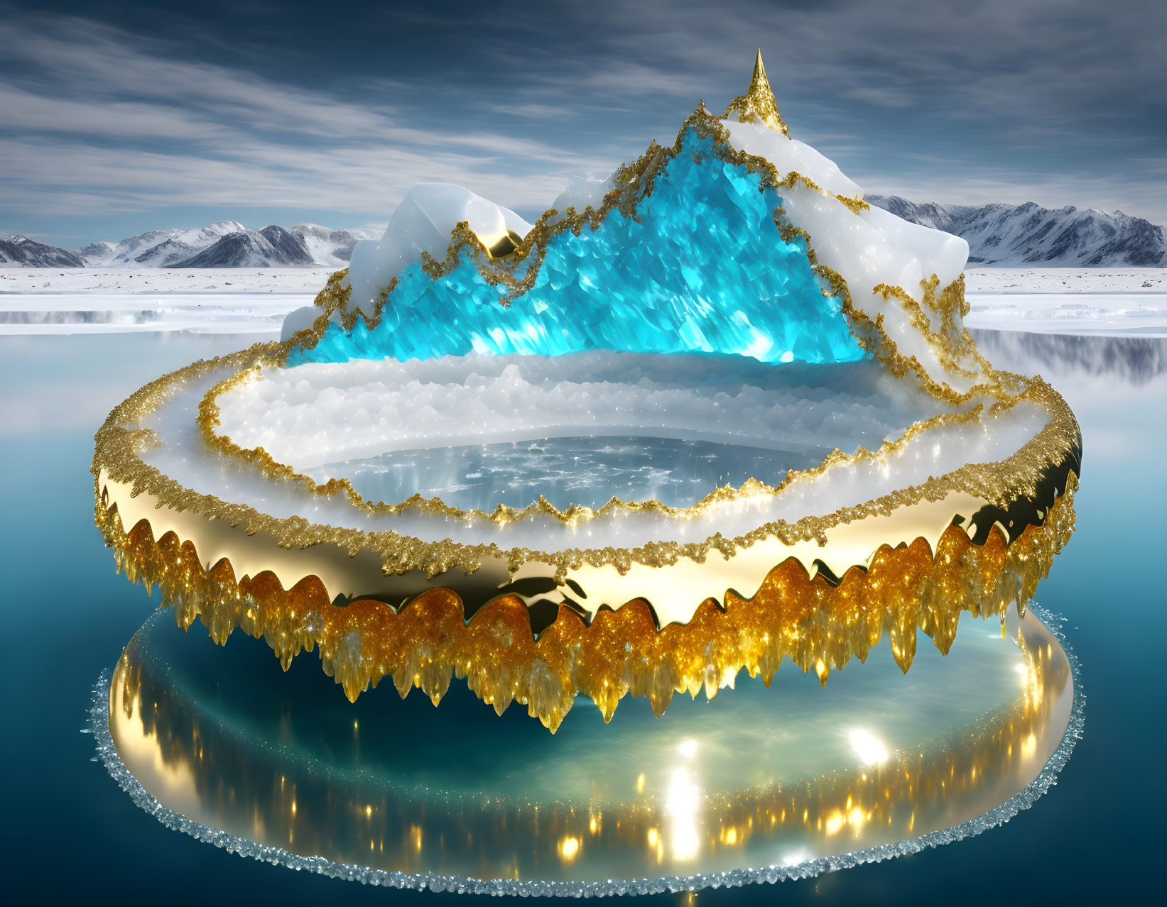 Layered sparkling ice structure on tranquil water with snowy mountains