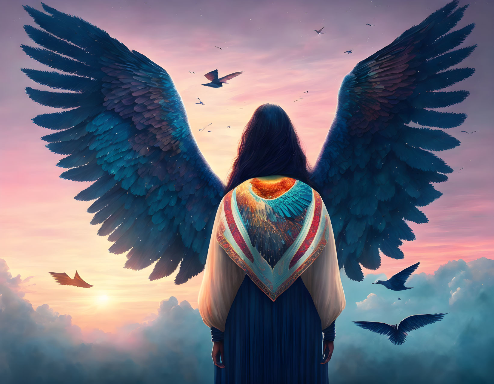 Person with Large Angelic Wings Surrounded by Flying Birds at Surreal Sunset Sky