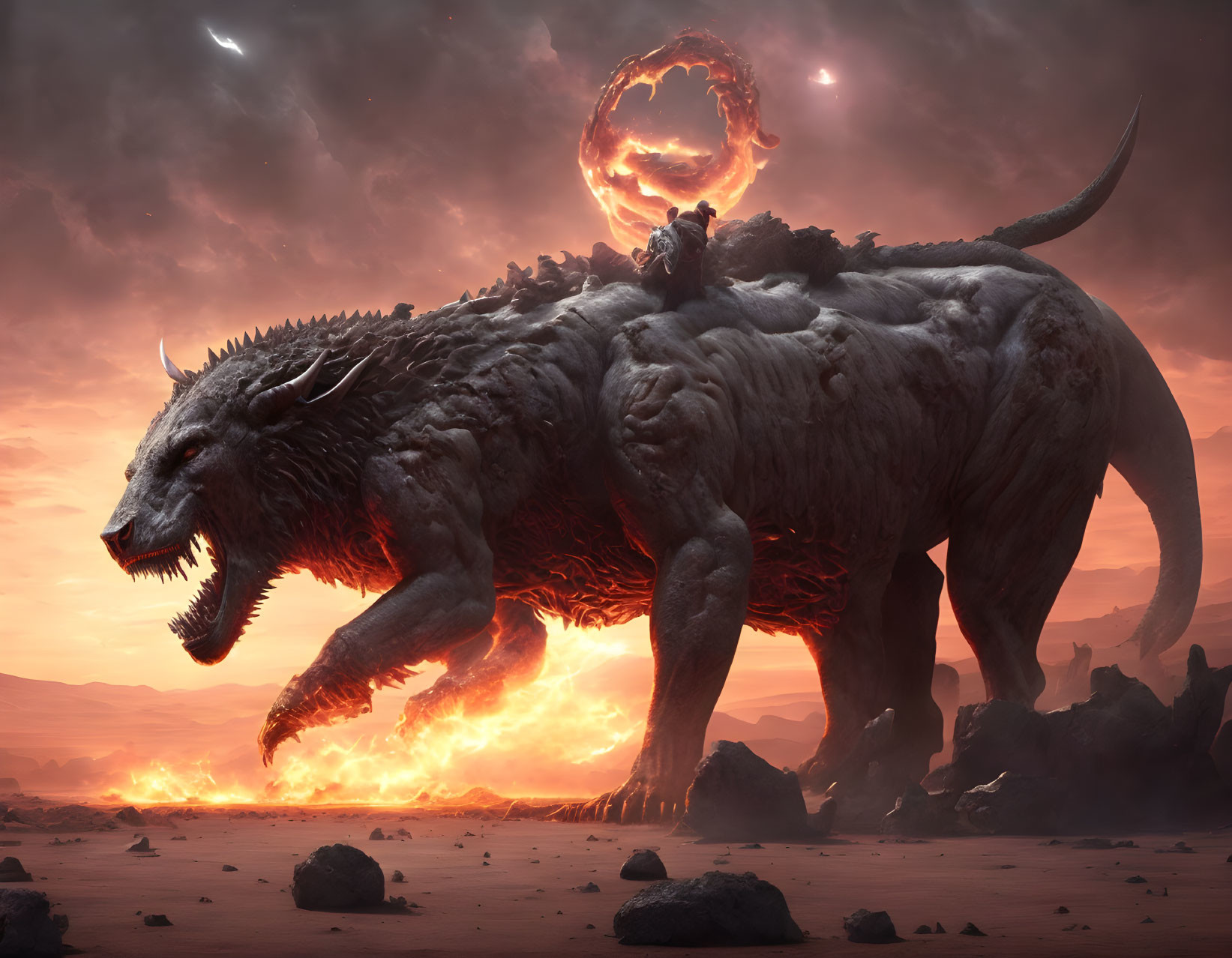 Fiery wolf-like creature breathing fire in desolate landscape