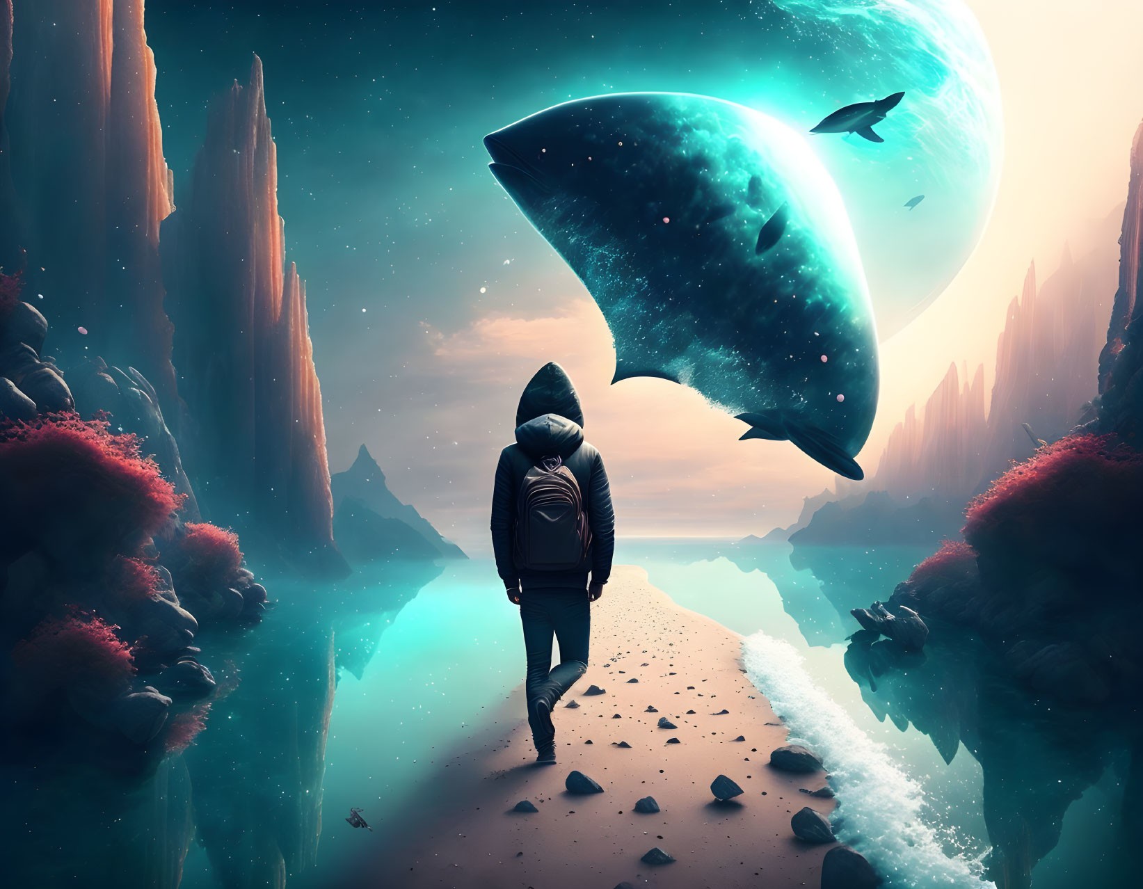 Surreal beach scene: person, giant whale, pink vegetation, turquoise sea, sci-fi sky