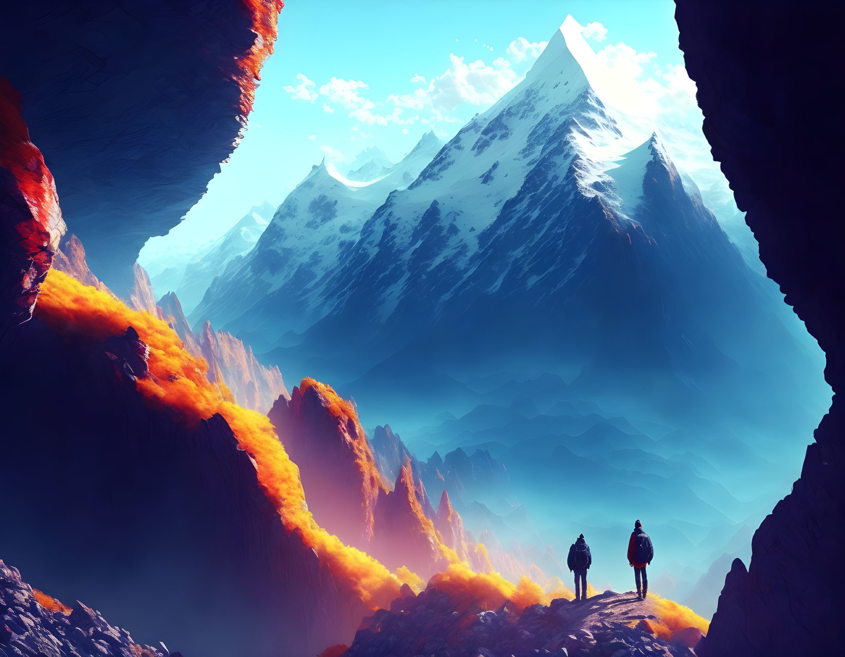 Silhouetted figures against fiery mountain landscape