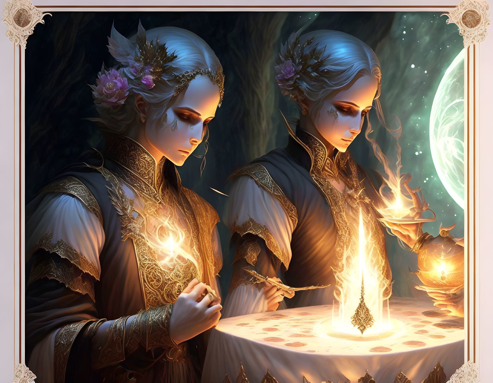 Ethereal figures with floral crowns in mystical forest setting.